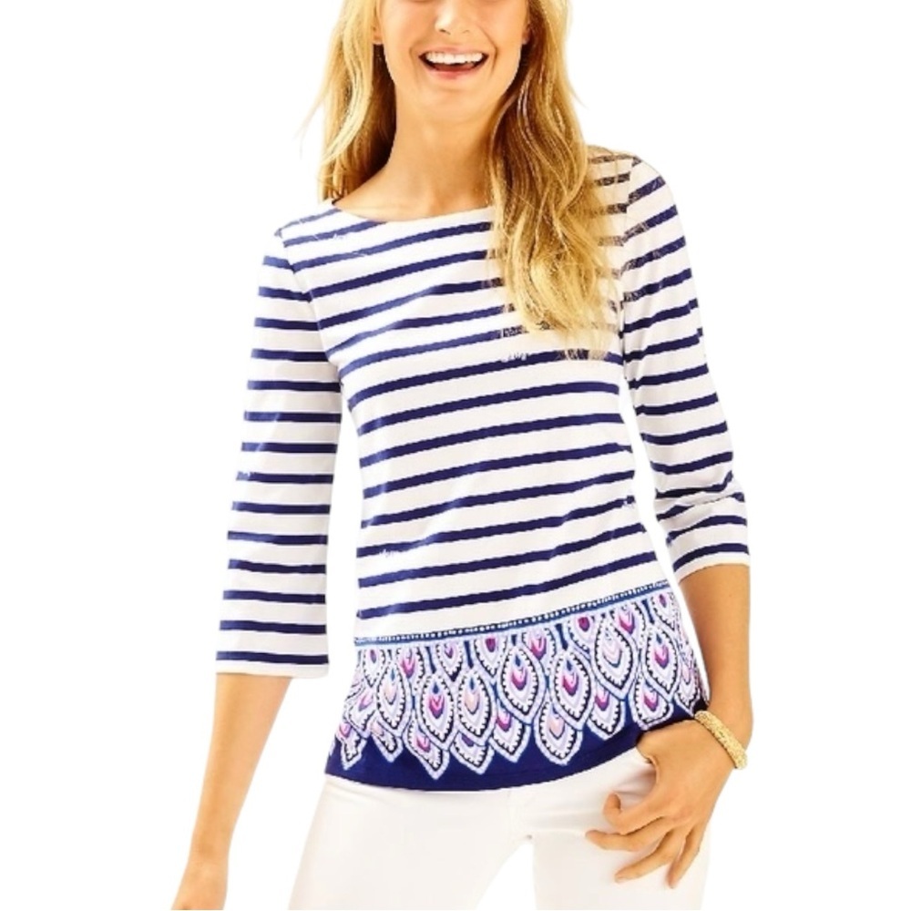 Women’s Lilly Pulitzer Waverly Bright Navy Serene Stripe Top size Small